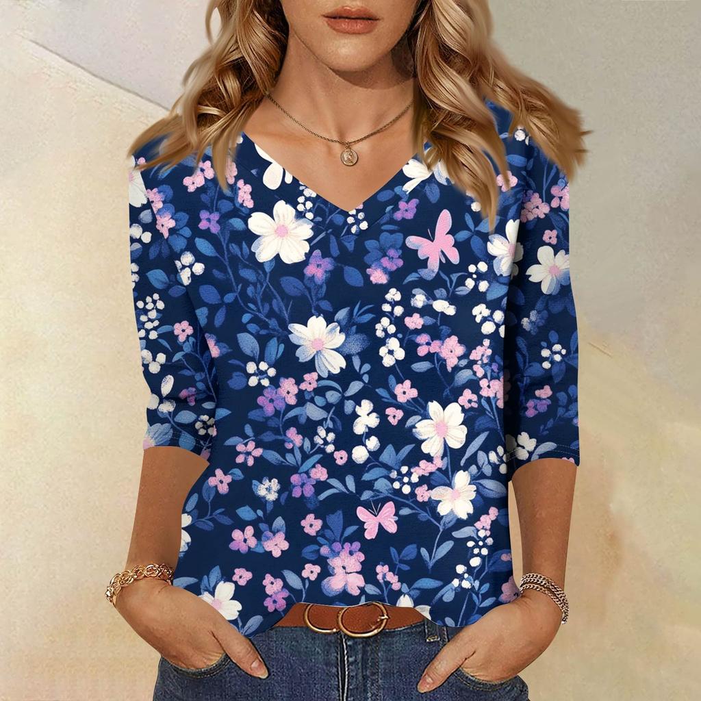 Женские топы, рубашка с рукавом три четверти, свободная повседневная рубашка с V-образным вырезом, футболка с цветочным принтом