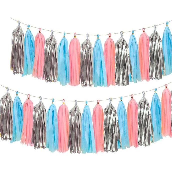 Tissue Tassel Garland and Paper Tassel Banner for Baby Girl Shower Decorations,Pink, White,Peach,Rose Gold,20 Pcs