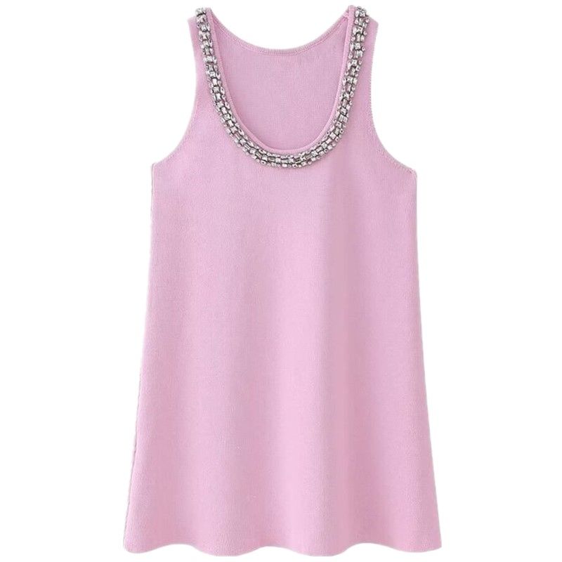 Fashion Style 2024 Summer New Arrival Women's Round Neck Sleeveless Jewelry Inlaid Plain Stitch Mini Dress 5755025