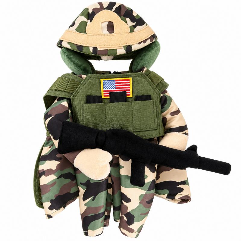 Dog Military Costume Cute Camouflage Soldier Pet Outfit with Tactical Vest Hat and Plush Prop for Puppy Party
