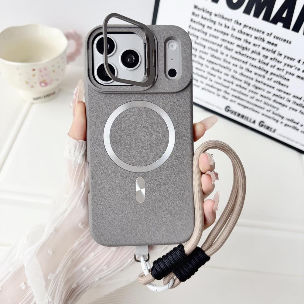 Wrist Strap Leather Textured Case For iPhone 17 Pro Max 17 pro Air 16 15 14 13 12 11 Metal Lens Bracket Magnetic Ring Cover