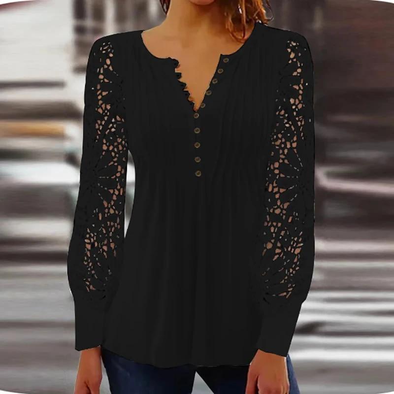 Винтажная кружевная рубашка, женские осенние однотонные топы с длинными рукавами, женские повседневные футболки, модная свободная футболка, сексуальный пуловер 2022