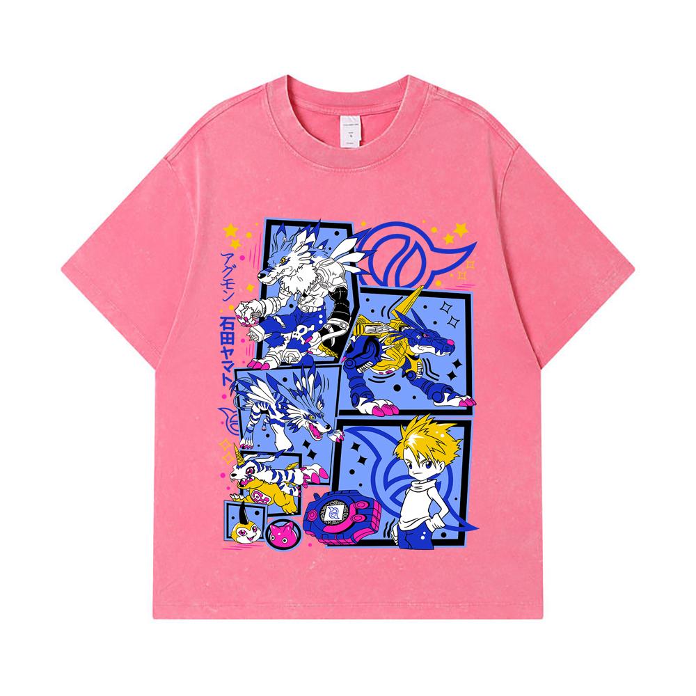 275 GSM Washed T-shirts 100% Cotton Digimon V2 Garurumon Print Unisex Heavy Cotton T Shirt