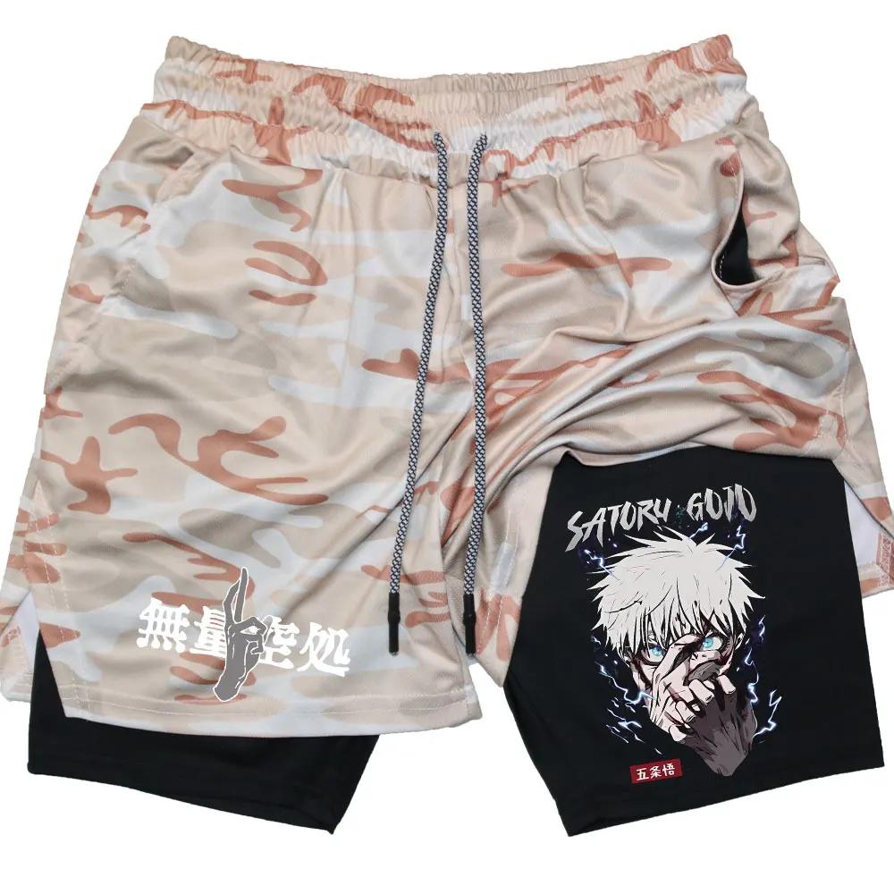 Шорты для бега аниме 2 в 1 спортивные шорты компрессионные эластичные спортивные шорты фитнес тренировки мужские шорты для выступлений