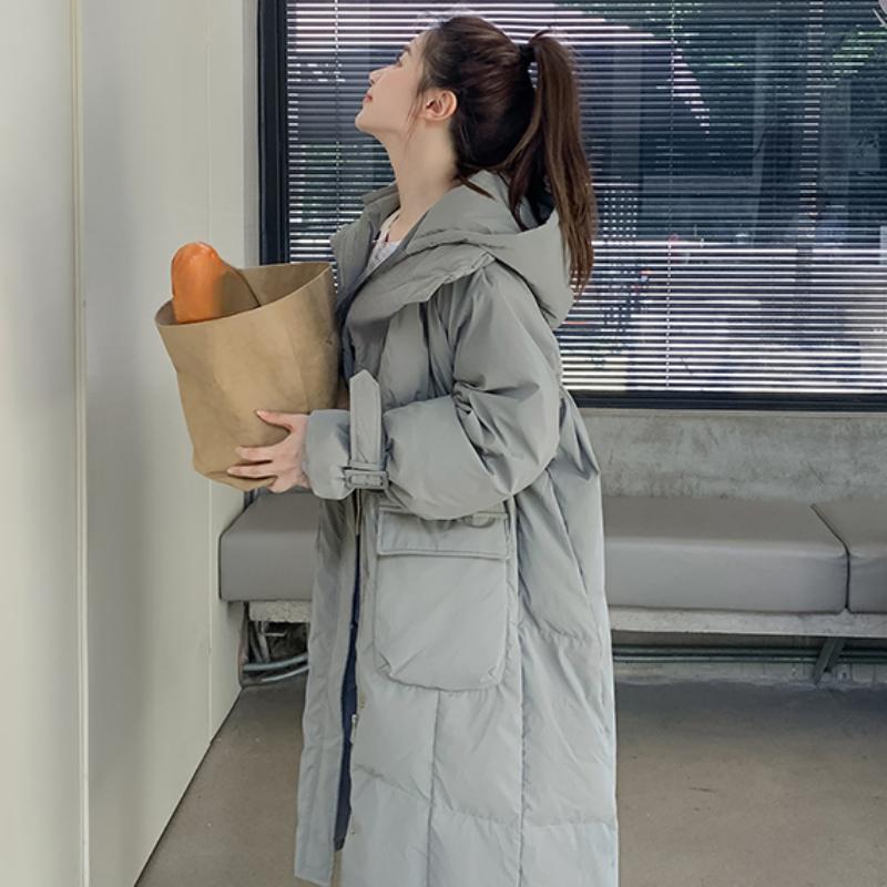 Женский зеленый пуховик с капюшоном, длинная хлопковая одежда, новая зимняя корейская мода, свободные теплые утолщенные ветрозащитные пальто большого размера, топы