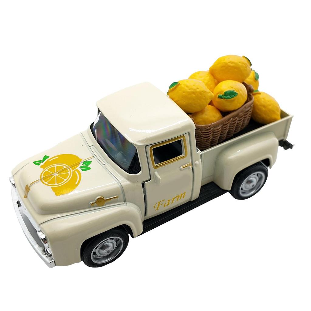 Vintage Alloy Lemon Truck Model with Mini Faux Lemons Summer Home Decors Miniature Vehicle Collectible Ornament Gift
