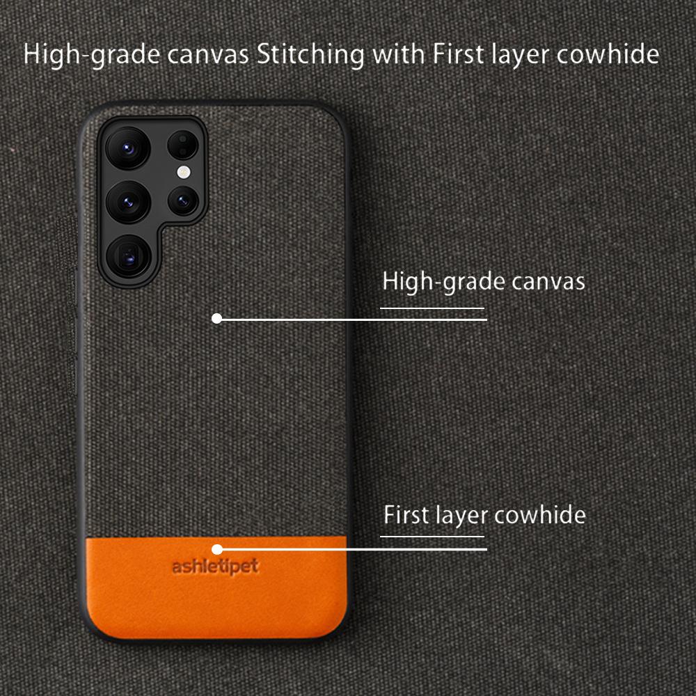 Canvas + Leather Phone Case for Samsung Galaxy S23 Ultra S24 Plus S22Ultra A54 5G Luxury 360 Full Protective Back Cover Shell