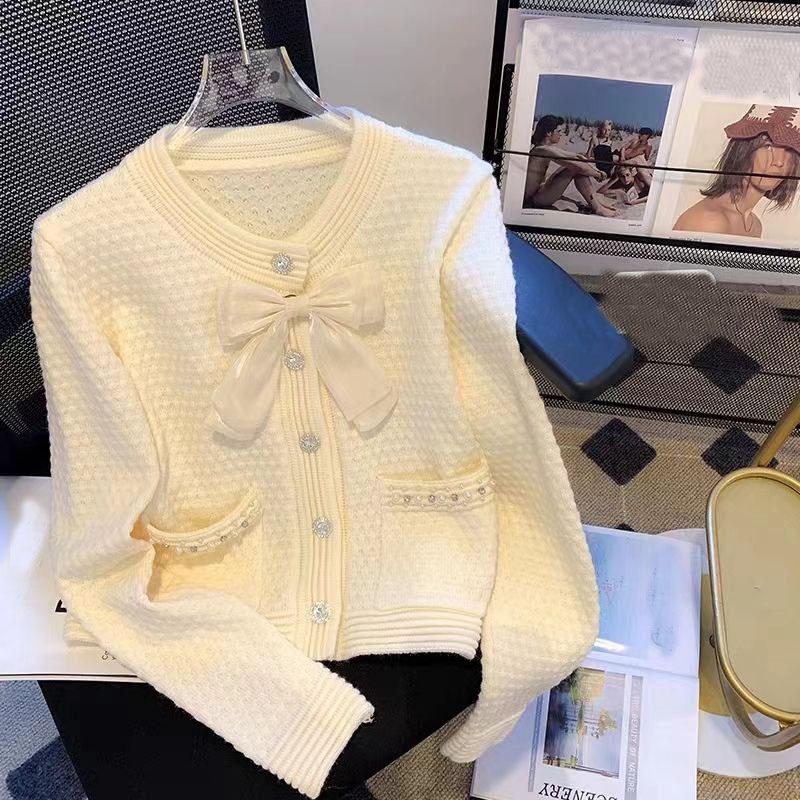 Cardigan Sweater Jacket Women's Autumn and Winter New Korean Version Red Bow Nail Bead Knitted Top
