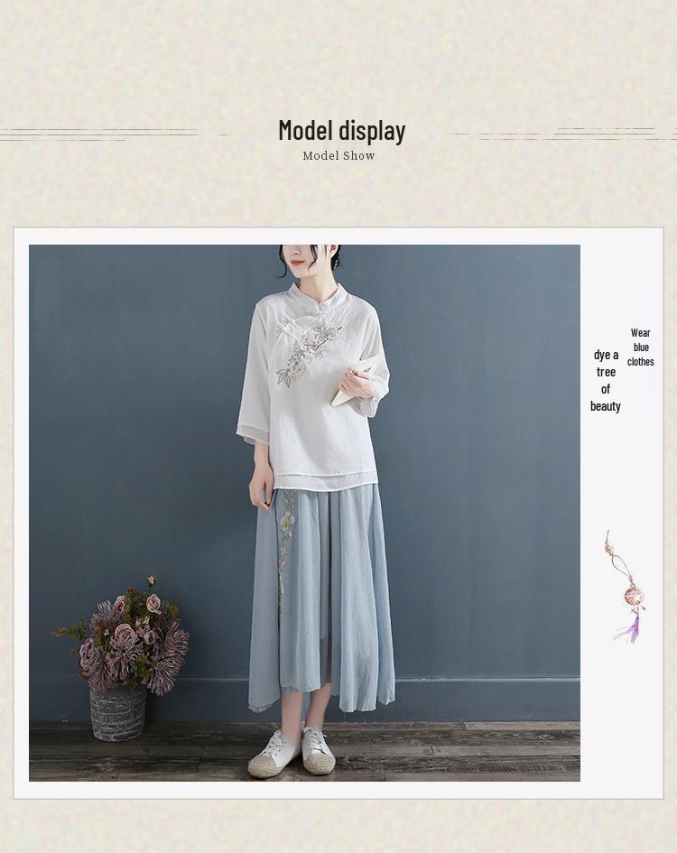 Женская ретро вышитая футболка с V-образным вырезом из хлопка и льна: Повседневный, Литературный Стиль для Коллекции Весна-Лето-Осень 2024