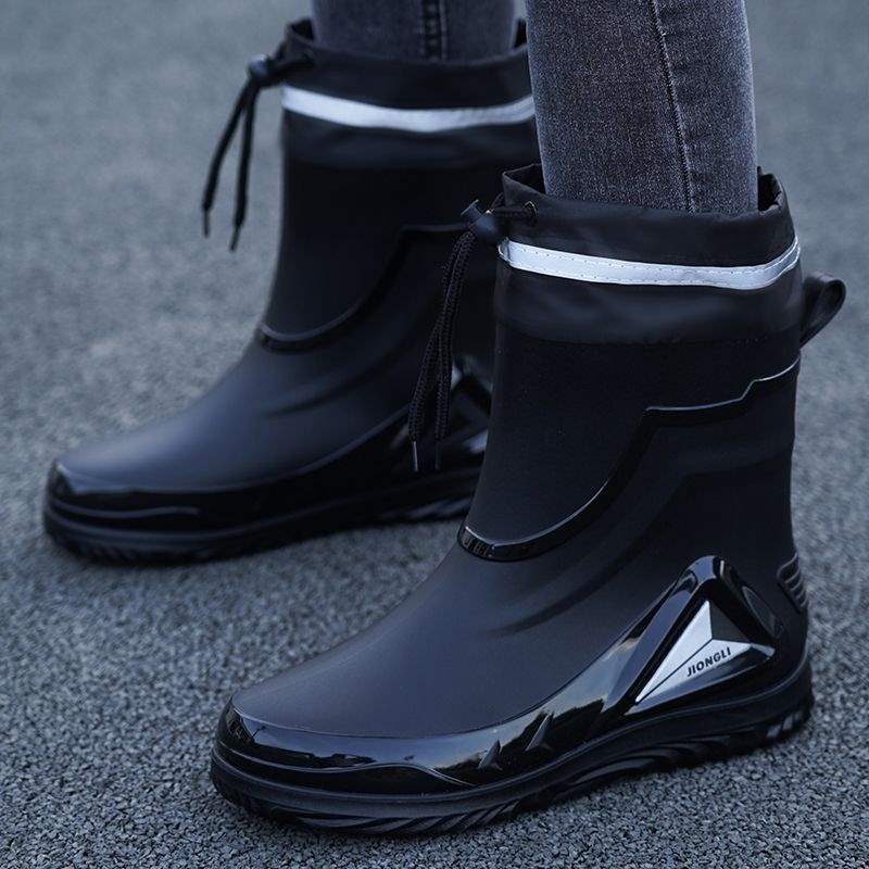 Rain Shoes Men's Fashion Waterproof Bundle Rain Boots Medium and Short Tube Velvet Waterproof Shoes Car Wash Work Fishing Rubber Shoes Overshoes
