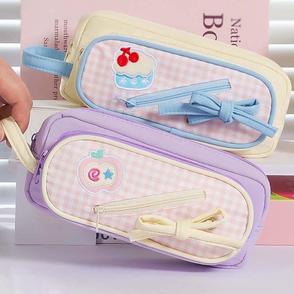 Embroidery Korean Fruit Pencil Case Fruit Cherry Cake Print Pencil Pouch Y2K Sweet Pen Bag Office