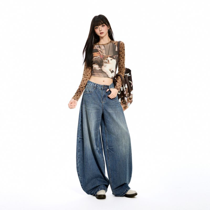 Autumn and winter new American retro washed bamboo jeans women's wide-leg scimitar pants