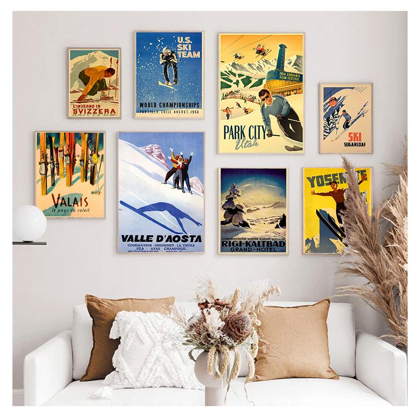 Винтажные настенные крафт-постеры с покрытием, настенные наклейки для украшения дома, фотографии в стиле ретро, ​​лыжи в Альпах, Швейцария, холст, живопись, катание на лыжах