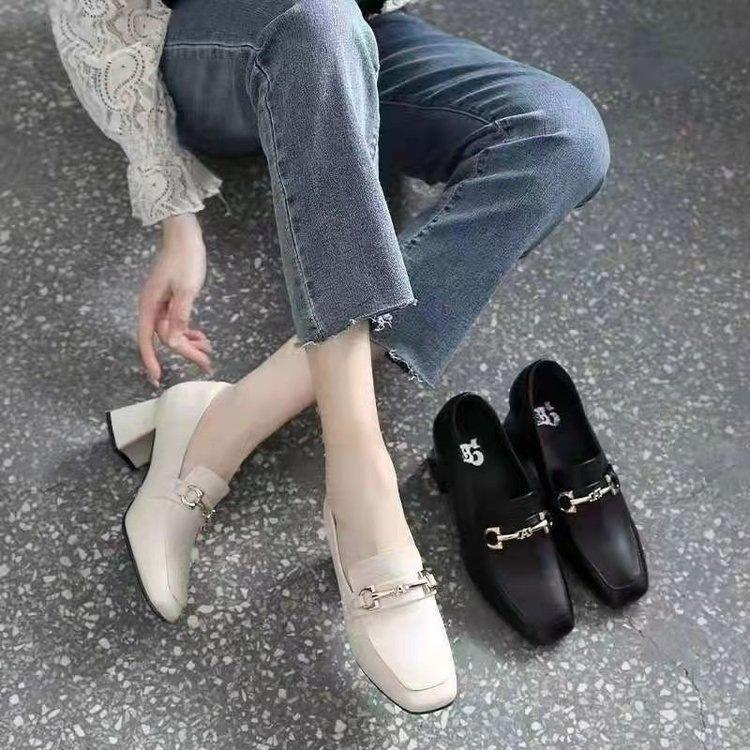 High-heeled small leather shoes autumn new British style thick heel square head comfortable single shoes