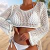 Women Cover Up Tops Round Neck Long Sleeve Hollow Fishnet Design Quick-Drying Breathable Blouse Loose Fit Beachwear