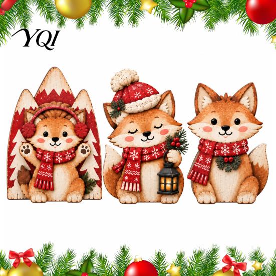 Small Wooden Desktop Statues 3Pcs Christmas Fox Tabletop Decor, Cute Cartoon Laser-Cut Solid Wood Decor Figurines, Farmhouse Holiday Mantel
