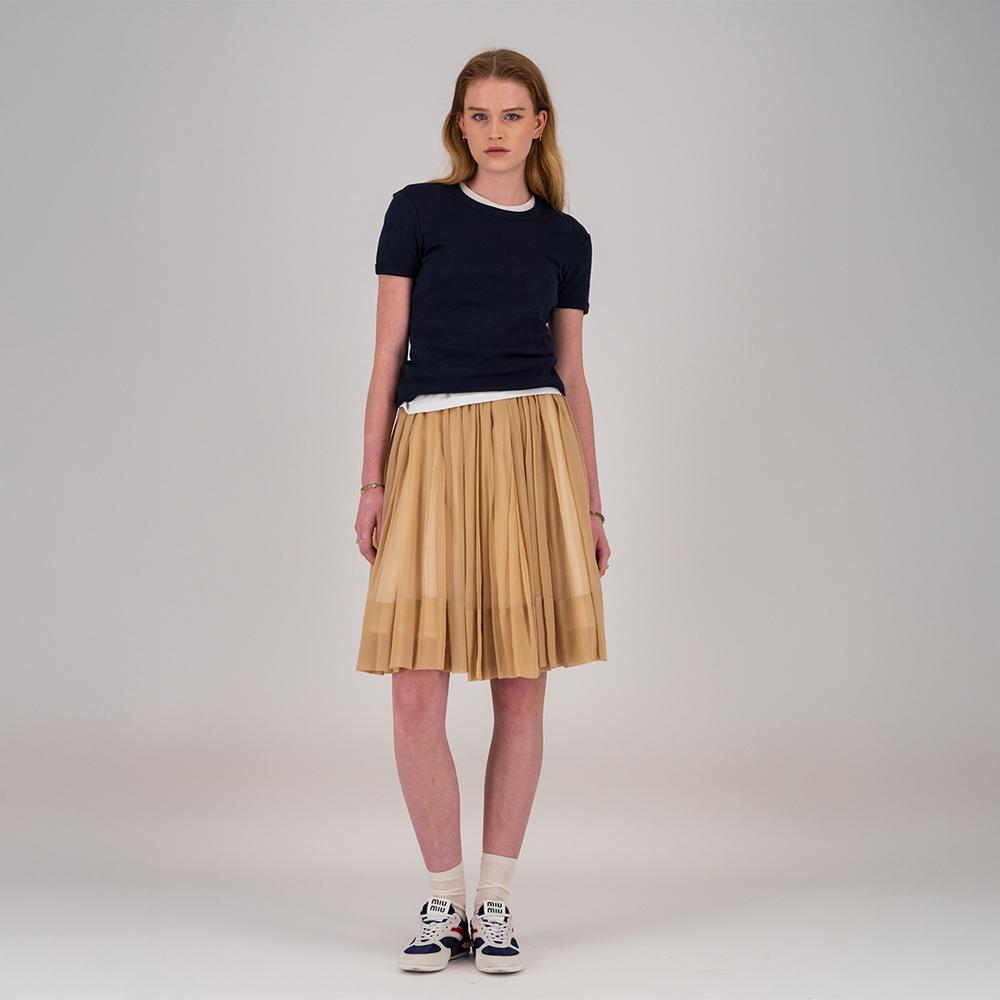 HAGAHI Silk Chiffon Flare Midi Skirt - Beige