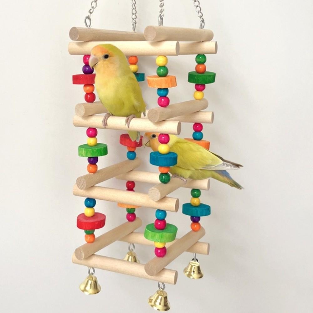 Colorful Wooden Parrot Chew Toys Hanging with Bells Bird Cage Standing Multi Layer Bite Resistant Bird Climbing Ladder Training