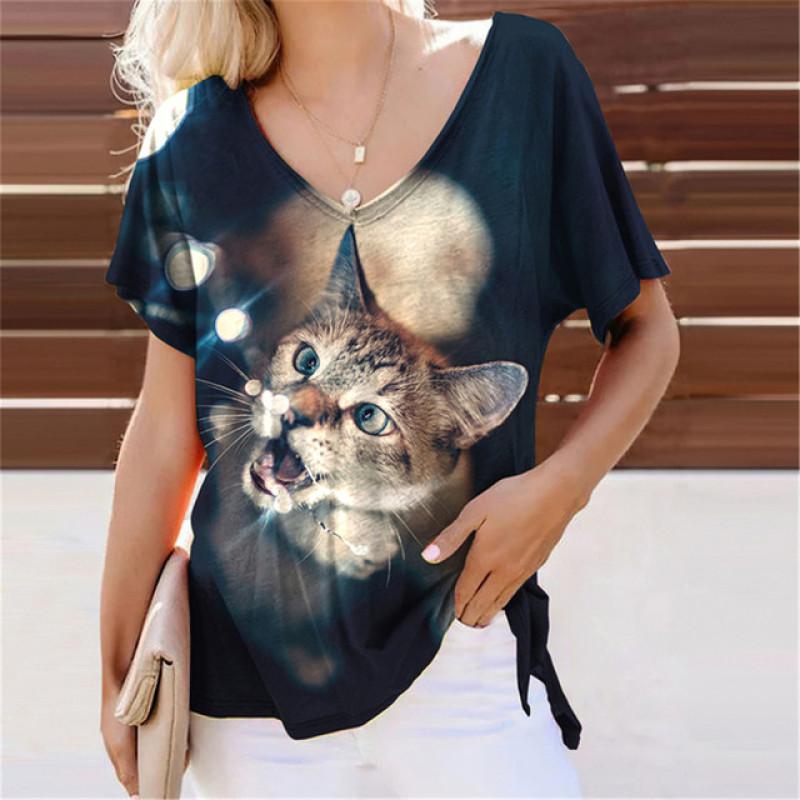 Повседневная аниме повседневная сексуальная милая цифровая футболка с 3D принтом кота, женский топ, свободные футболки с короткими рукавами и v-образным вырезом, женские топы, одежда