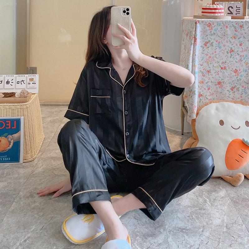 Summer Women's Ice Silk Pajamas Homewear Set Ins Korean Vertical Stripes Simple Pajamas Loose Girls Homewear Set