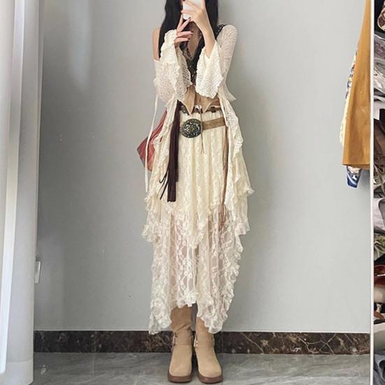 Ретро-юбка с эластичной высокой талией, кружевная юбка нестандартного дизайна, длинная юбка-миди во французском стиле с вышитым кружевом и цветочным узором