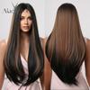 Long Straight Black Brown Synthetic Wigs Highlights Colored Wigs for Black Women Heat Resistant Hair Middle Parting