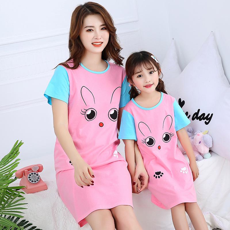 Girls' Summer Cartoon Short Sleeve Pajamas - Cute Parent-Child Cotton Nightdress