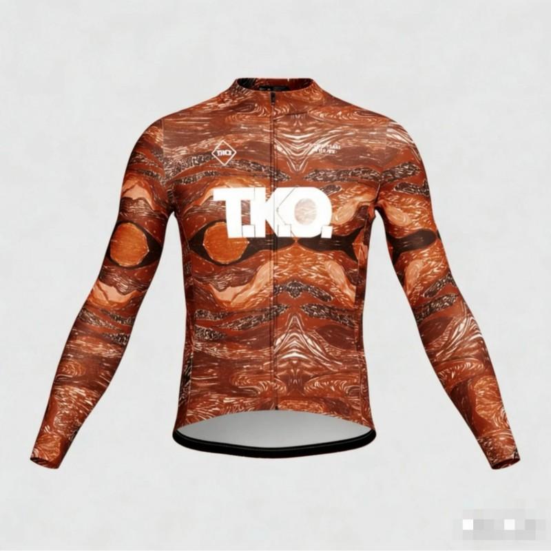 Mens Long Sleeve Cycling Jersey Red Brown Abstract Print Quick Dry Breathable Performance Riding Top