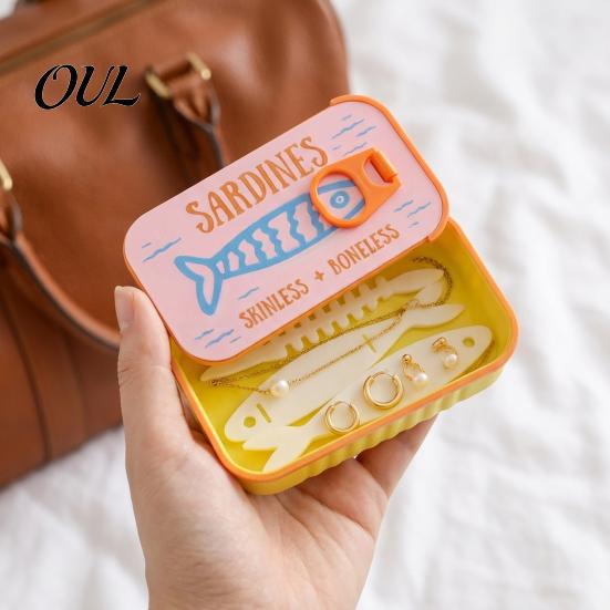 Whimsical Jewelry Container Sardine Tin Box with Fishbone, PLA Vintage Compact Size Decorative Vanity Accessory Organizer, Portable Storage