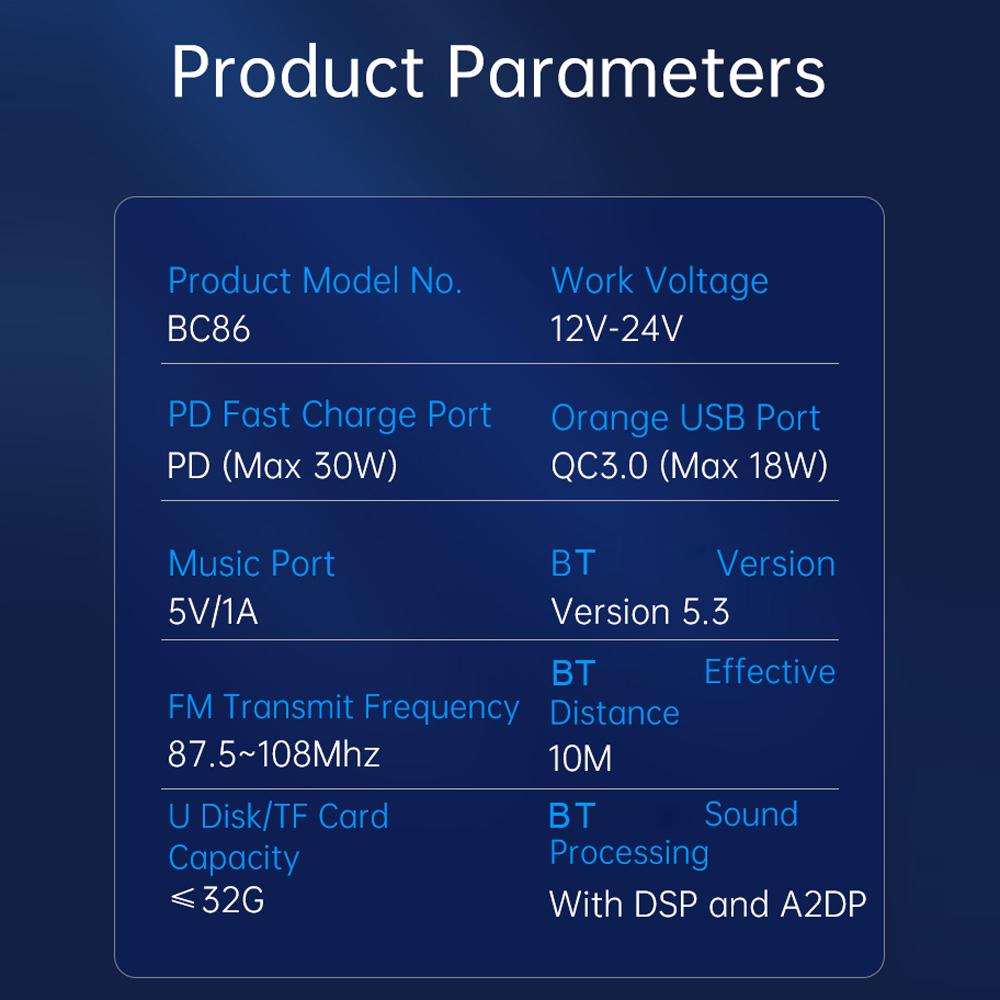 Car BT MP3 Player FM Transmitter PD+QC3.0 Car Charge Adapter with 2 Inch OLED Screen Support