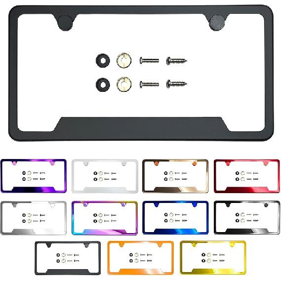Рамка номерного знака с вырезом в нижнем углу, зеркальная хромированная электрогальваническая обработка цвета розового золота, универсальная посадка, алюминиевая накладка-крышка на винтах, нержавеющая сталь T304