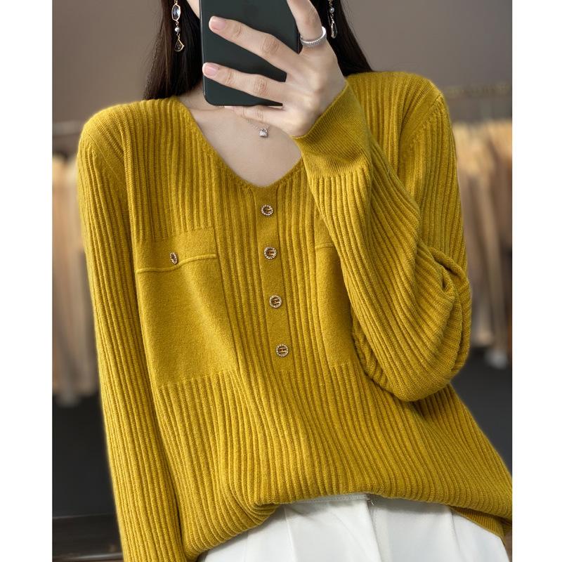 DAFIFY Women's Fashion Casual Fall Winter Solid Color Print Long Sleeve V-Neck Sweaters