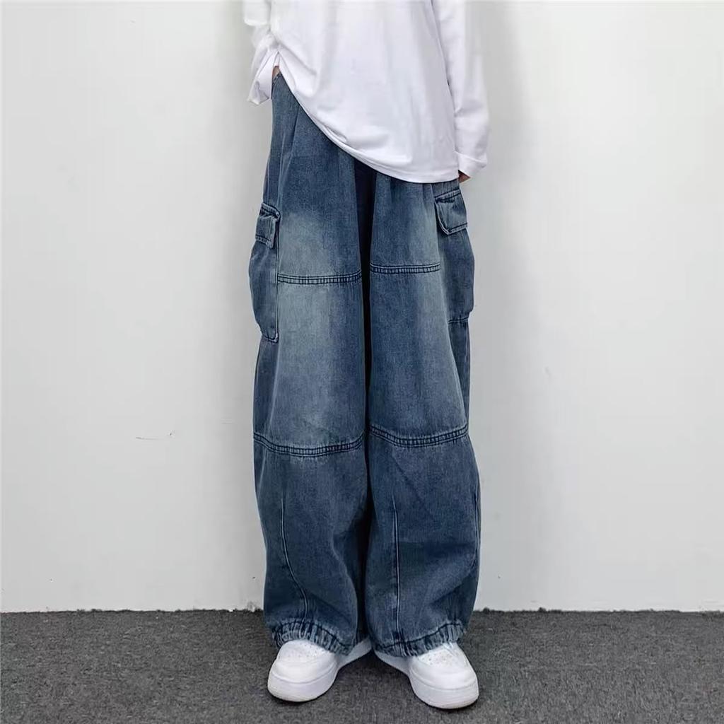 Men's Japanese Retro Wide Leg Large Pocket Workwear Jeans Loose Straight Jeans