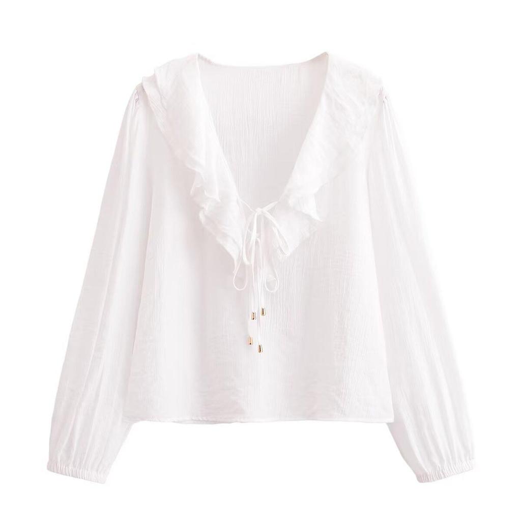 Spring 2025 Women's European-American Style Fashionable Versatile Ruffle Pendant Shirt