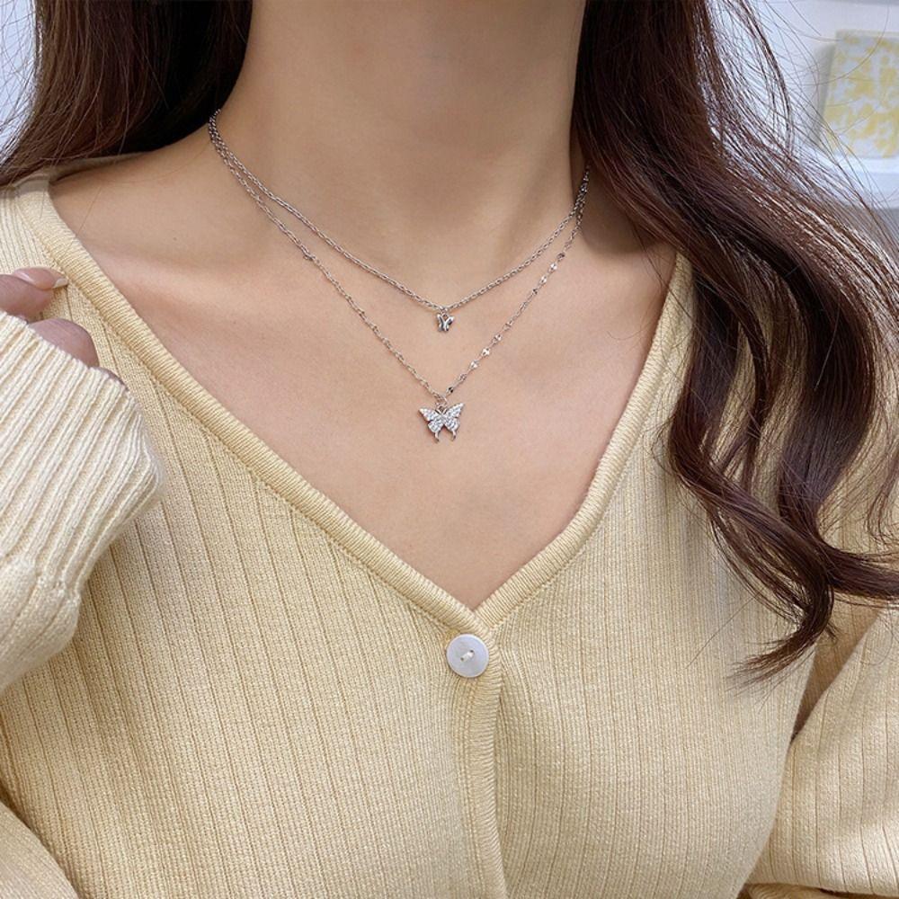 Exquisite Small Pendant Necklace Double Layer Clavicle Chain Shiny Butterfly Necklace  Ladies Gift