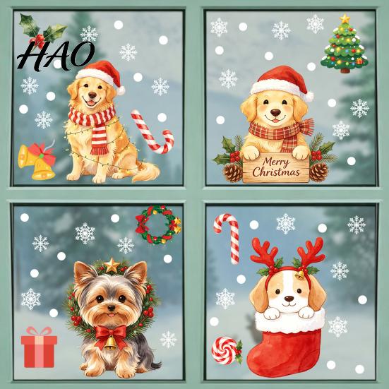 Holiday Decorative Window Film Christmas Static Clings, No?Glue Cute Puppy Glass Decals with Snowflake Colorful Pattern Candy Cane, Reusable