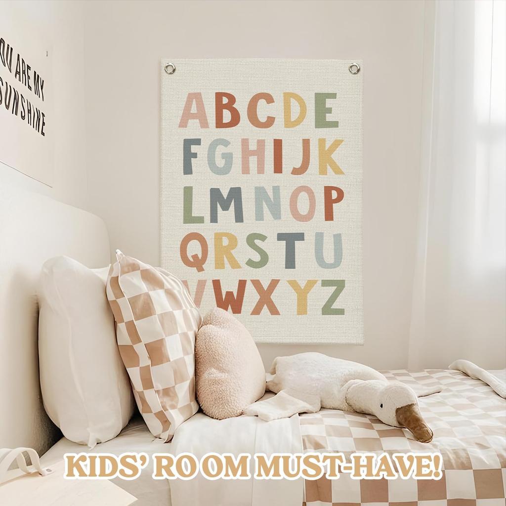 Toddler Room Decor,Alphabet ABC Poster Canvas Banner,Nursery Wall Decor,Boho ABC Poster Wall Hanging Pennant Flag for Kids Nursery,Toddler