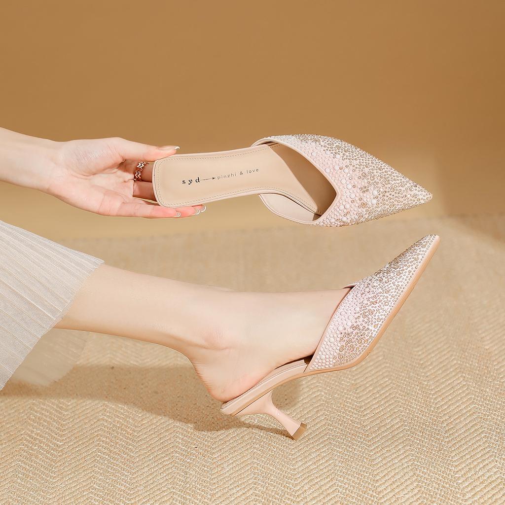 Туфли-полуботинки Баотоу для женской летней носки, новые туфли на тонком каблуке-шпильке с острым носком и стразами, модные женские сандалии