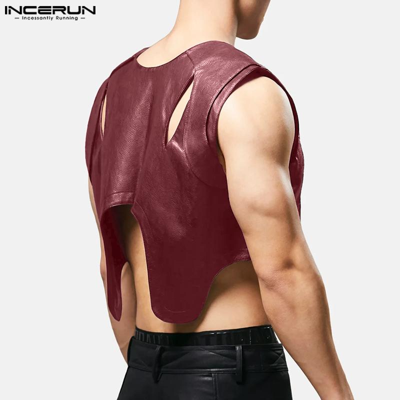 INCERUN Мужские повседневные свободные майки из искусственной кожи без рукавов с вырезом и ажурным узором
