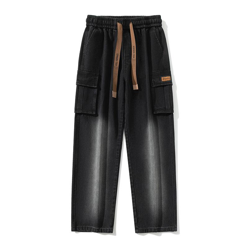 Мужские осенние джинсы с широкими штанинами, с эффектом стирки, мужские брюки нейтрального однотонного цвета, свободные, повседневные, модные, с карманами, карго, большого размера