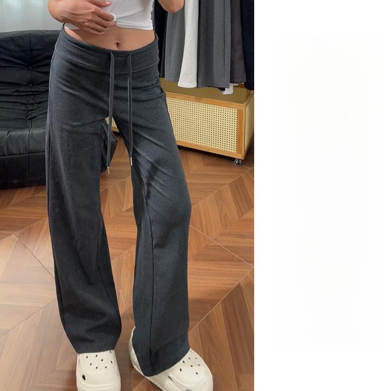 Серые спортивные брюки прямого покроя на завязках, женские весенние и осенние новые повседневные и тонкие широкие брюки с высокой талией из драпировки
