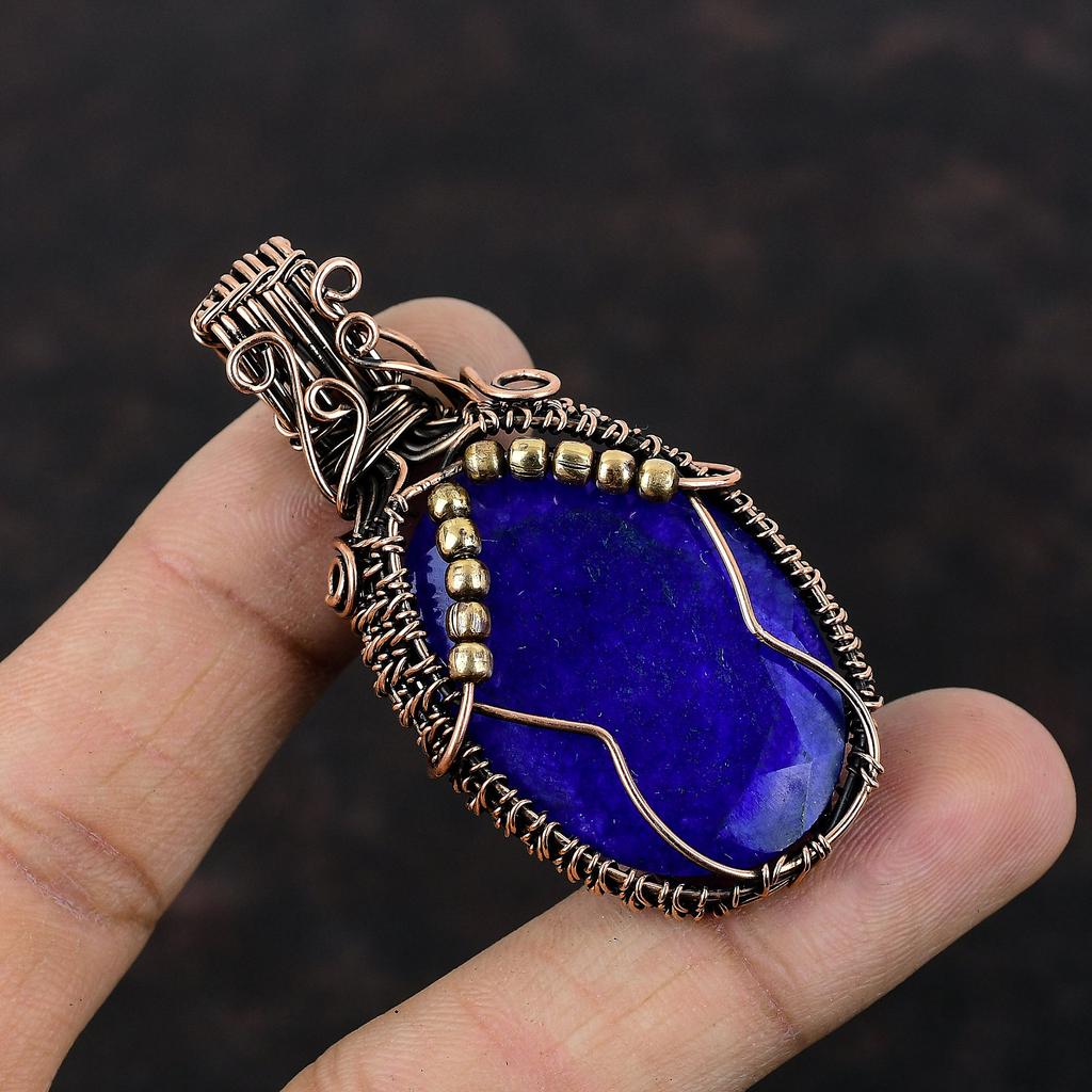 Faceted Blue Sapphire Pendant Copper Wire Wrapped Jewelry Handmade Gemstone Pendant Copper Pendant Ethnic Jewelry Wire Wrap Pendant For Gift