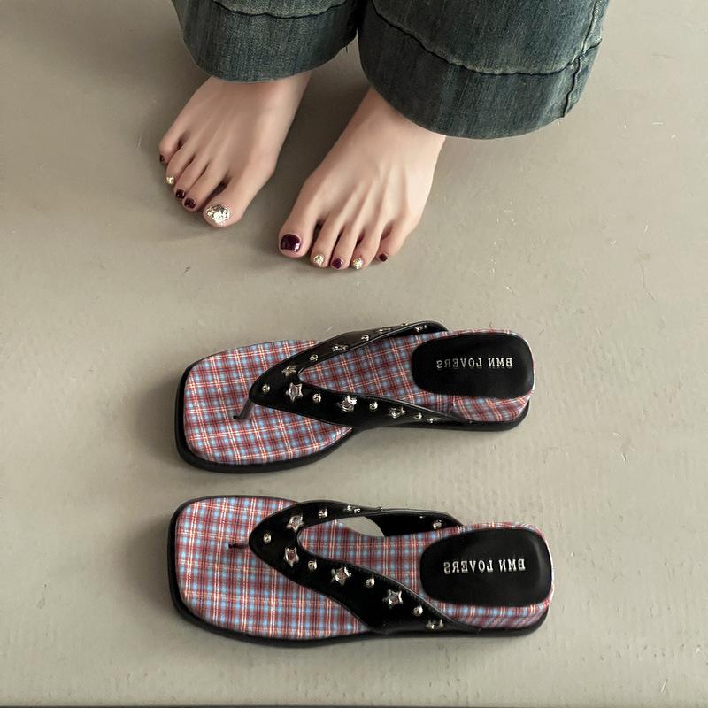 Квадратный носок клетчатые толстоподошвенные женские шлепанцы модный летний универсальный дизайн носок отпуск танкетка шлепанцы сандалии