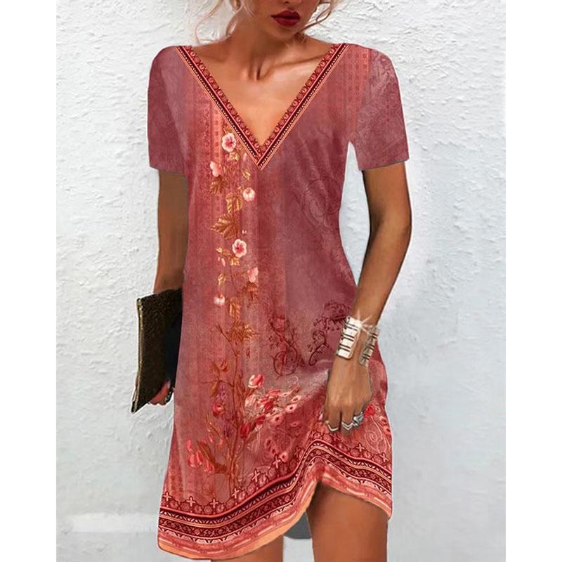 Summer V Neck Floral Printed Dress for Women Vintage Casual Loose Fit Short Sleeve Comfortable Elegant Beach Dress S-5XL