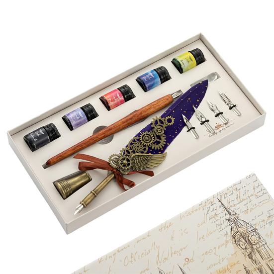 1 Set Useful Gear Decoration Exquisite Fadeless Comfortable Grip Feather Pen Kit for Office Quill
