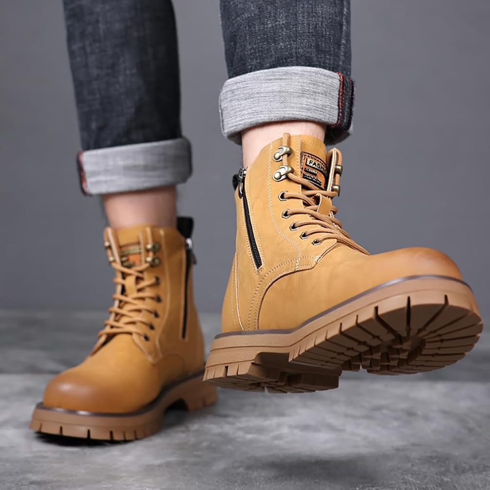 Somiso Men's Motorcycle Boots, Thick Sole, Waterproof, Side Zipper, Riding Boots, High-Cut,
