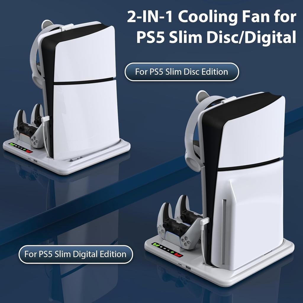 ДЛЯ PS5 Slim с зарядной док-станцией и подставкой для хранения 8 игр с охлаждающим вентилятором и зарядной станцией для контроллера PS5