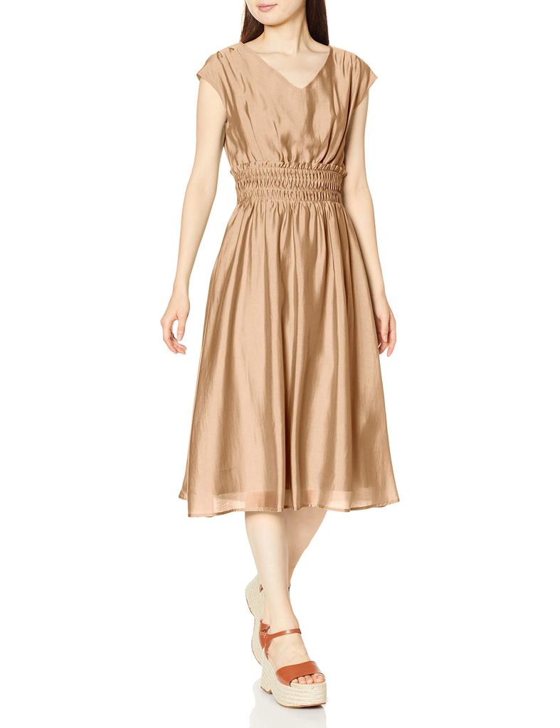 Mercury Duo Women's Beige Shirring Dress, Size F (Free Size), Made in Japan