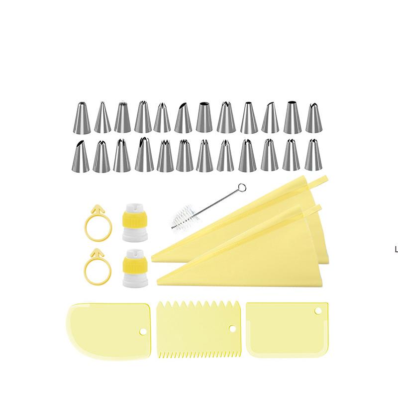 LMETJMA 34 шт. Набор кондитерских мешков и насадок 24 насадки из нержавеющей стали 2 многоразовых силиконовых кондитерских мешка 3 разглаживателя глазури 1 кисть для труб