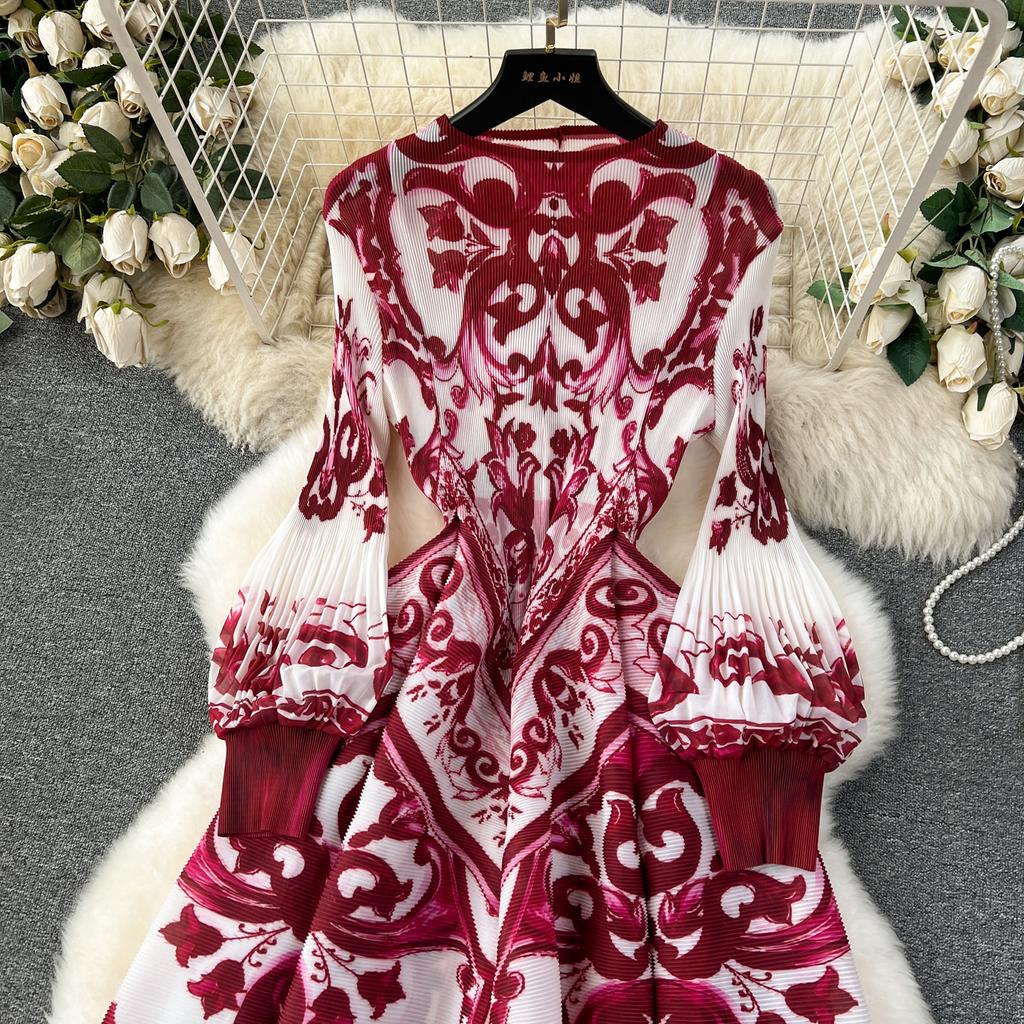 French Senior Temperament Luxury Dress Ladies 2024 Newest O-Neck Ruched Print Tie Dye Design Fashion Chic Long Dress